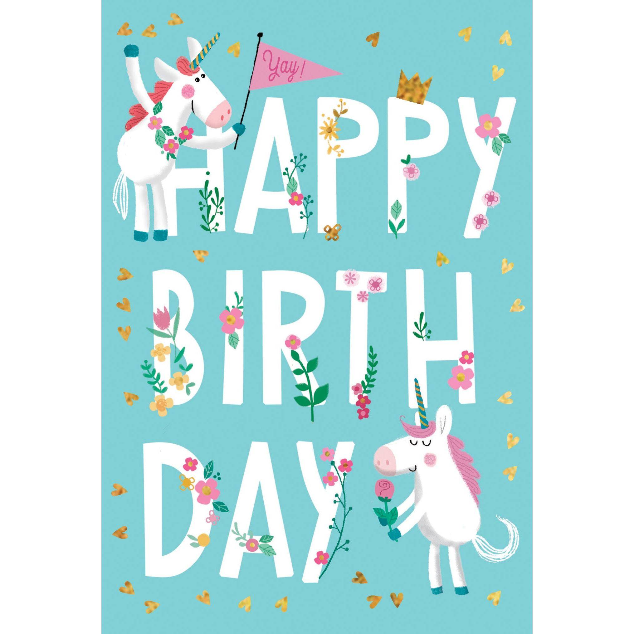 Colorful Happy Birthday Unicorns card by Pictura featuring whimsical unicorn illustrations for birthday celebrations.